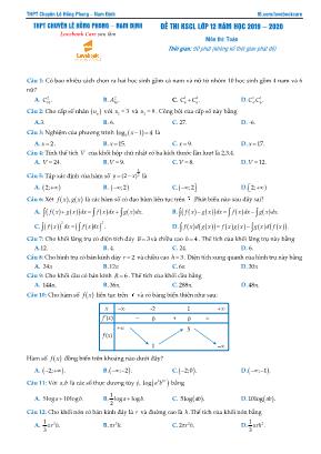 Đề thi khảo sát chất lượng môn Toán Lớp 12 - Năm học 2019-2020 - Trường THPT chuyên Lê Hồng Phong